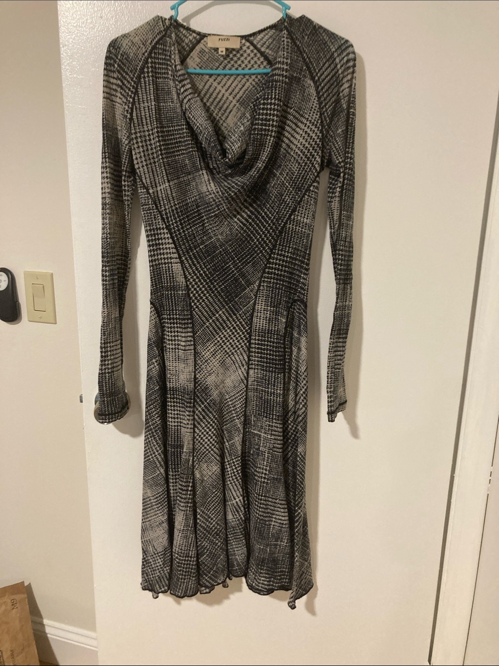 Faded Black & Gray Plaid Cowl Neck Dress - Women